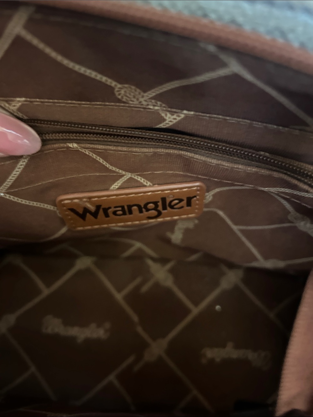 Wrangler Blue Aztec Canvas Satchel with Brown Trim - Picture 3 of 5